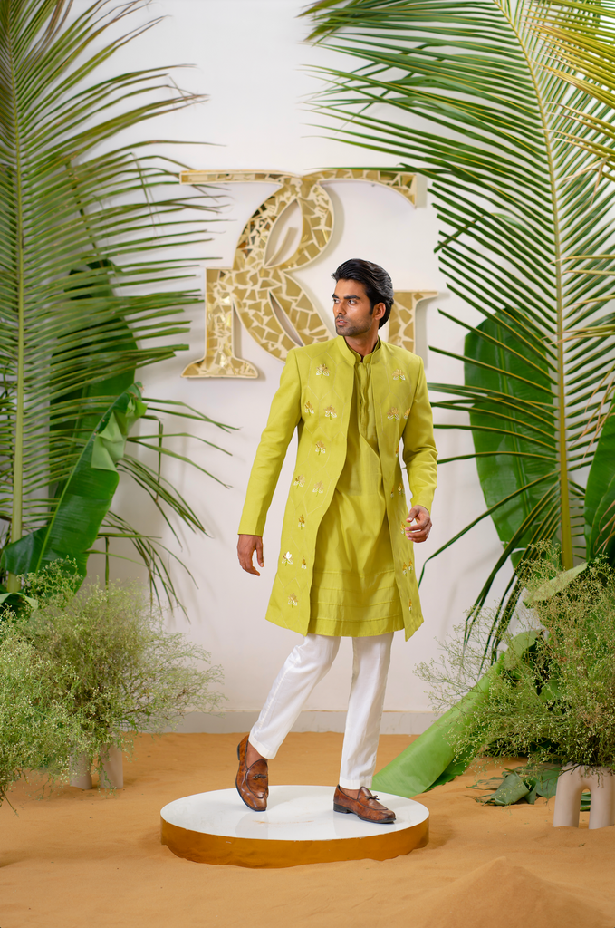 GREEN LOTUS EMBROIDERED SHERWANI SET