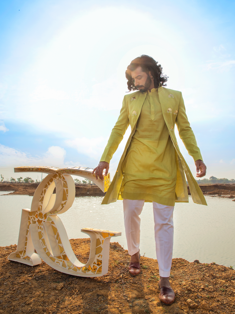 GREEN LOTUS EMBROIDERED SHERWANI SET