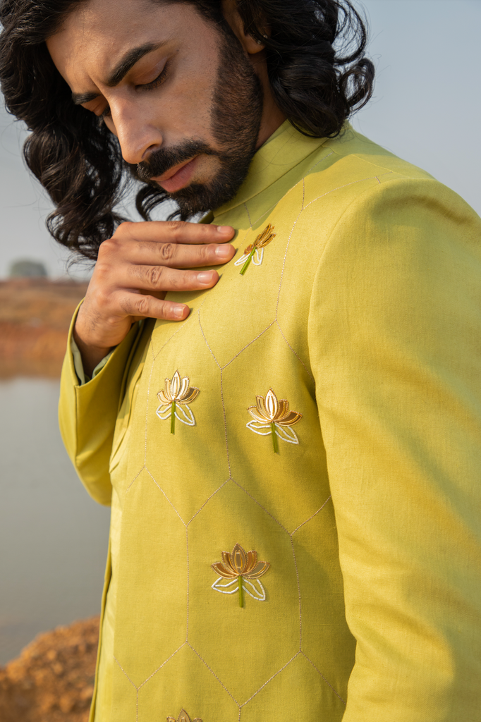 GREEN LOTUS EMBROIDERED SHERWANI SET