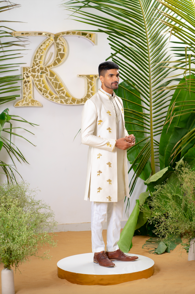 DUSTY IVORY REINDEER SHERWANI SET