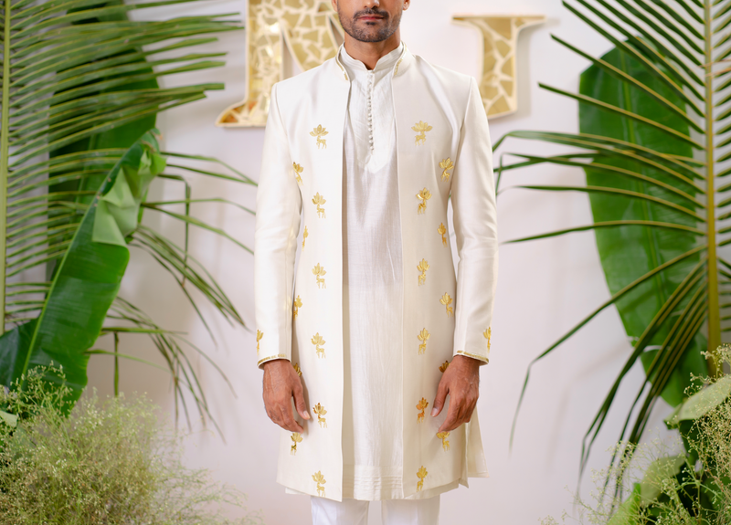 DUSTY IVORY REINDEER SHERWANI SET