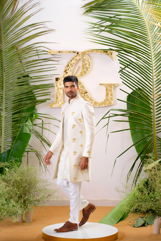DUSTY IVORY REINDEER SHERWANI SET