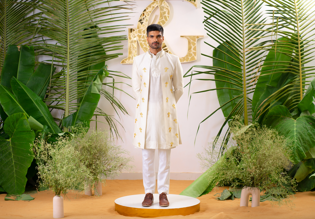 DUSTY IVORY REINDEER SHERWANI SET