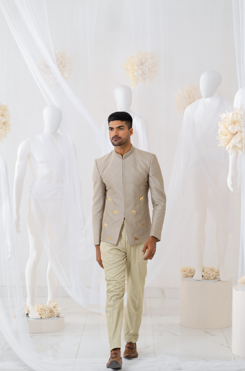 KHAKI HORSE EMBROIDERED JODHPURI SET