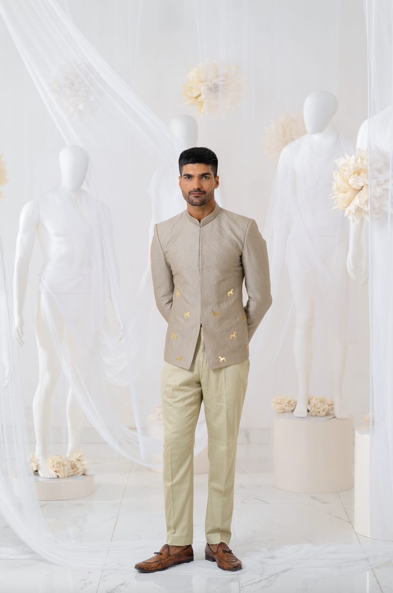 KHAKI HORSE EMBROIDERED JODHPURI SET