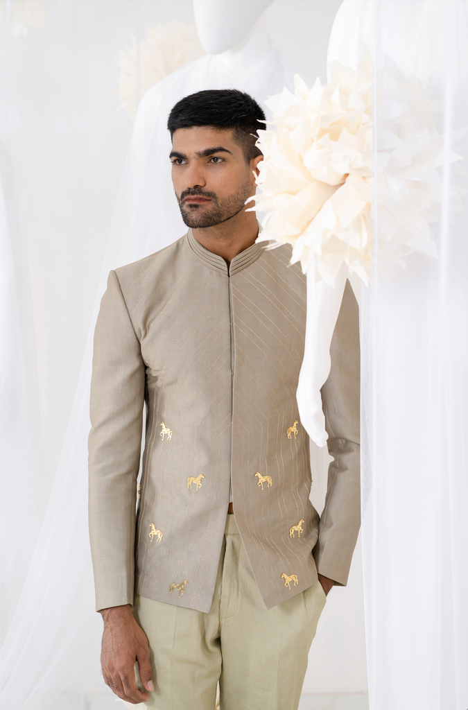 KHAKI HORSE EMBROIDERED JODHPURI SET