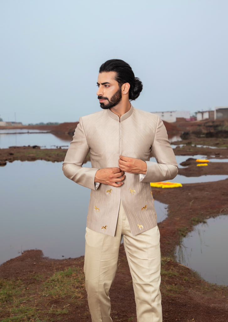 KHAKI HORSE EMBROIDERED JODHPURI SET