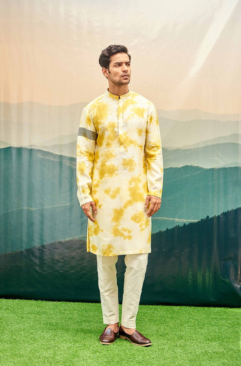 YELLOW TIE-DYE KURTA SET WITH EMBROIDERED BAND ON ONE SLEEVE
