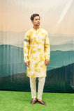 YELLOW TIE-DYE KURTA SET WITH EMBROIDERED BAND ON ONE SLEEVE