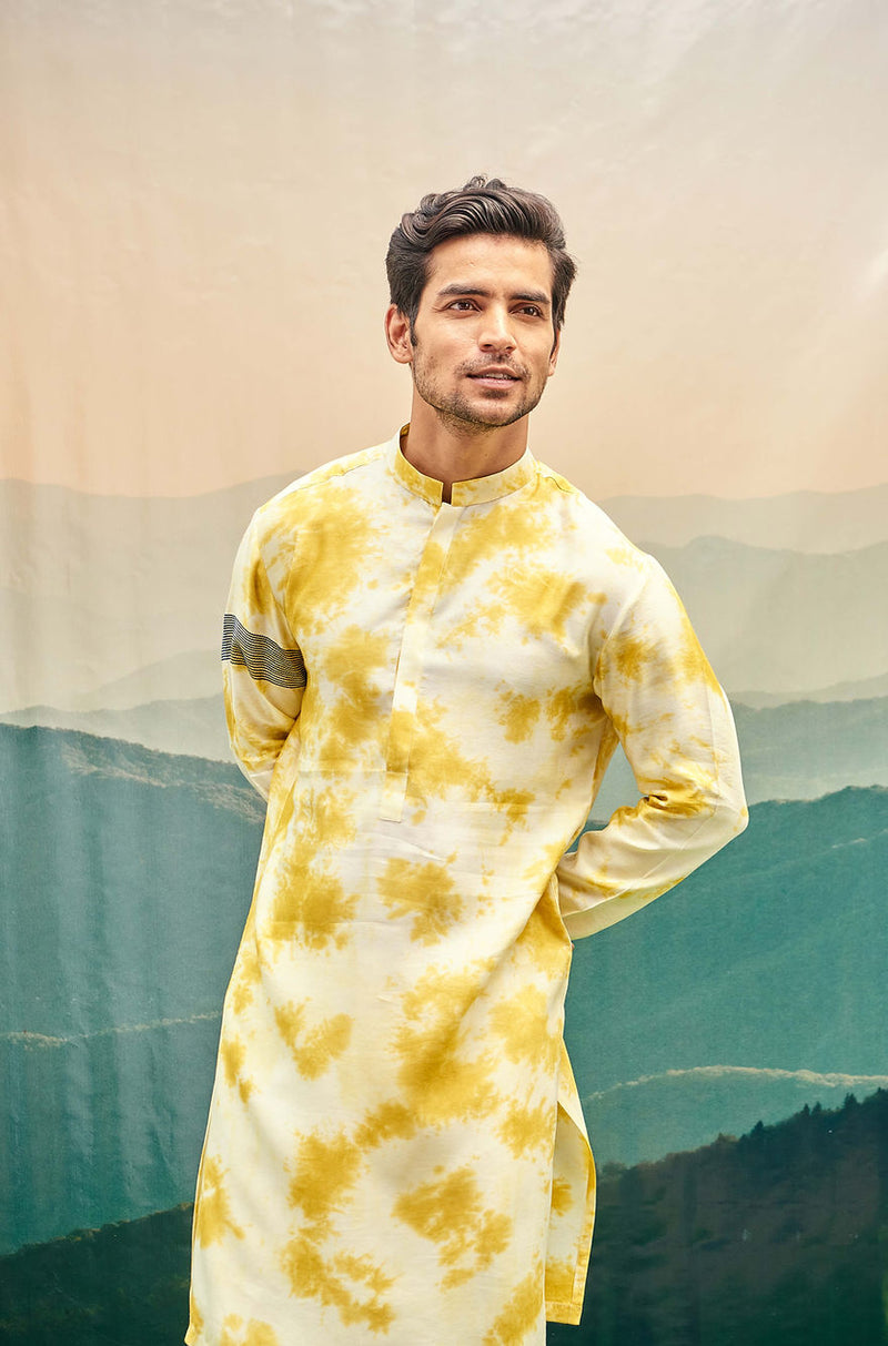 YELLOW TIE-DYE KURTA SET WITH EMBROIDERED BAND ON ONE SLEEVE