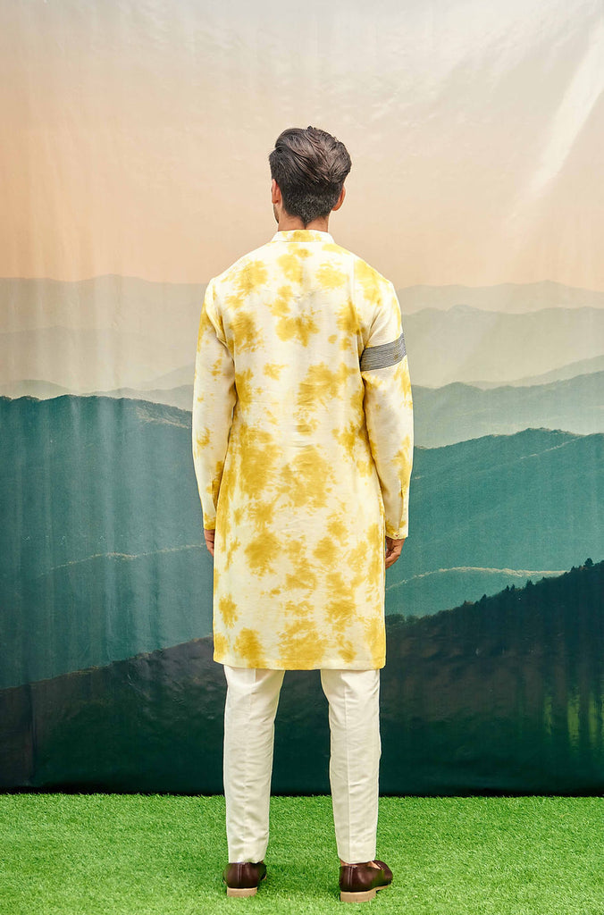 YELLOW TIE-DYE KURTA SET WITH EMBROIDERED BAND ON ONE SLEEVE