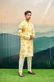 Yellow Tie-dye Kurta Set with embroidered band on one sleeve