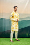 YELLOW TIE-DYE KURTA SET WITH EMBROIDERED BAND ON ONE SLEEVE