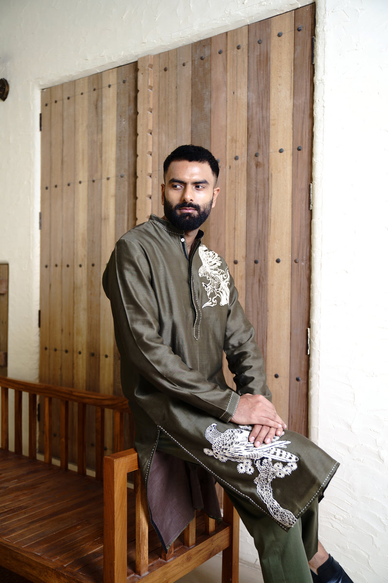 DARK OLIVE CHANDERI HANDLOOM KURTA SET
