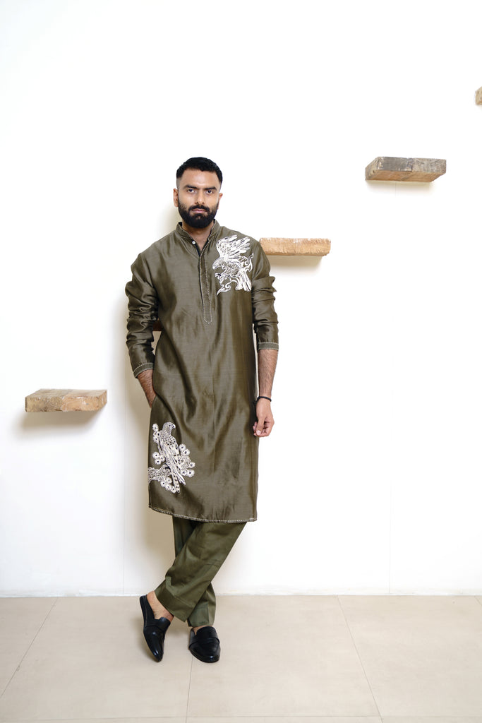 DARK OLIVE CHANDERI HANDLOOM KURTA SET