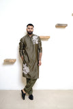 DARK OLIVE CHANDERI HANDLOOM KURTA SET