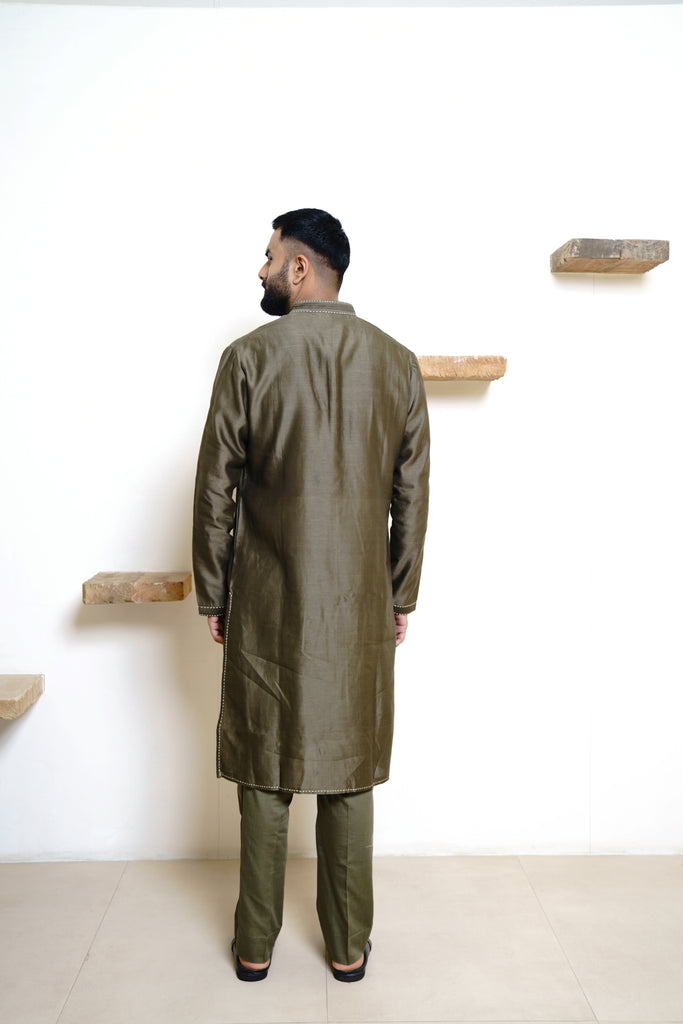 DARK OLIVE CHANDERI HANDLOOM KURTA SET