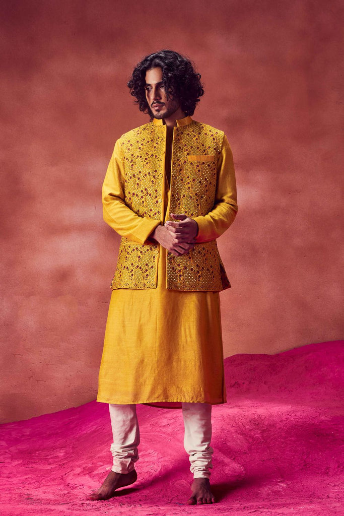 YELLOW KURTA PAIRED WITH EMRBOIDERED BANDI & CHURIDAR