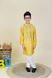 Yellow mirror work kurta with an off white pyjama