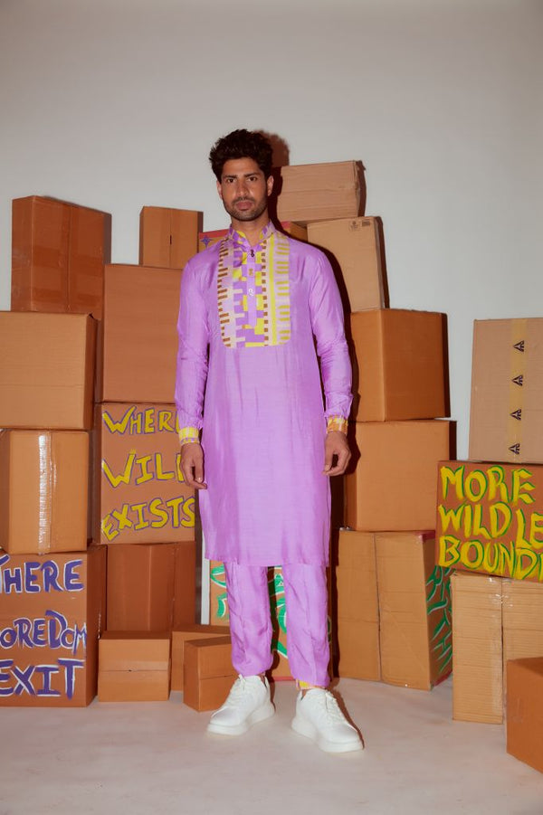 LILAC GEOMETRIC PRINTED KURTA WITH BOMBER PANTS AND PRINTED CUFF DETAILING