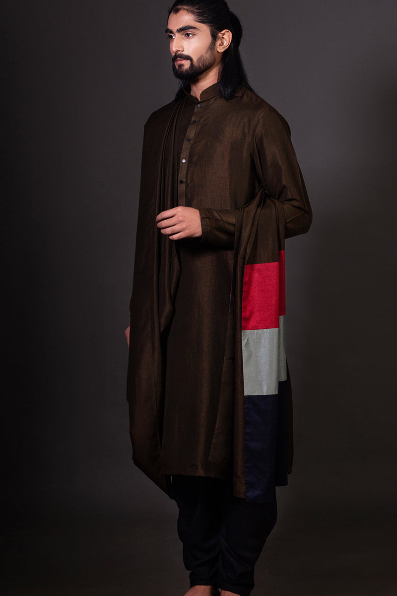 OLIVE GREEN KURTA WITH ATTACHED STOLE