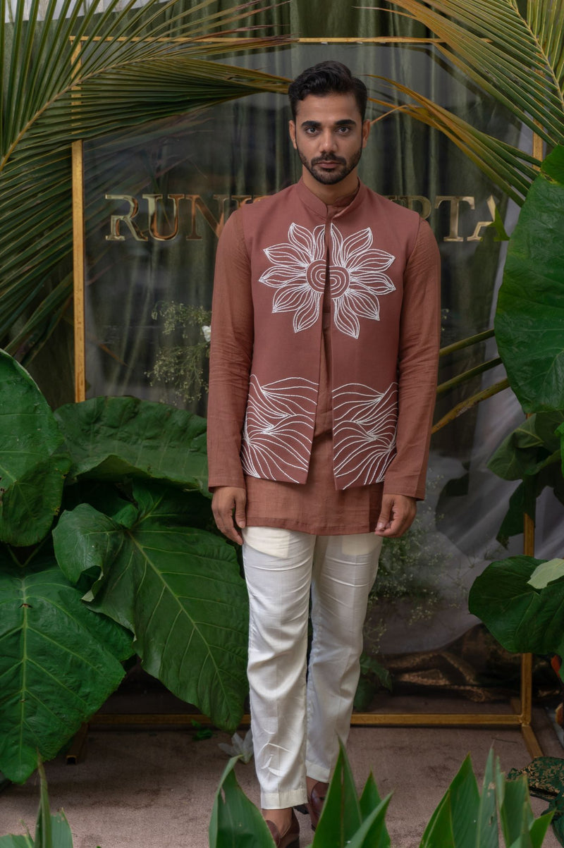 BROWN EMBROIDERED BUNDI