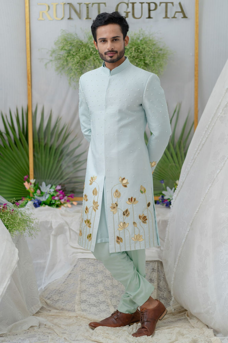 AAYAN LOTUS POWDER BLUE EMBROIDERED SHERWANI SET