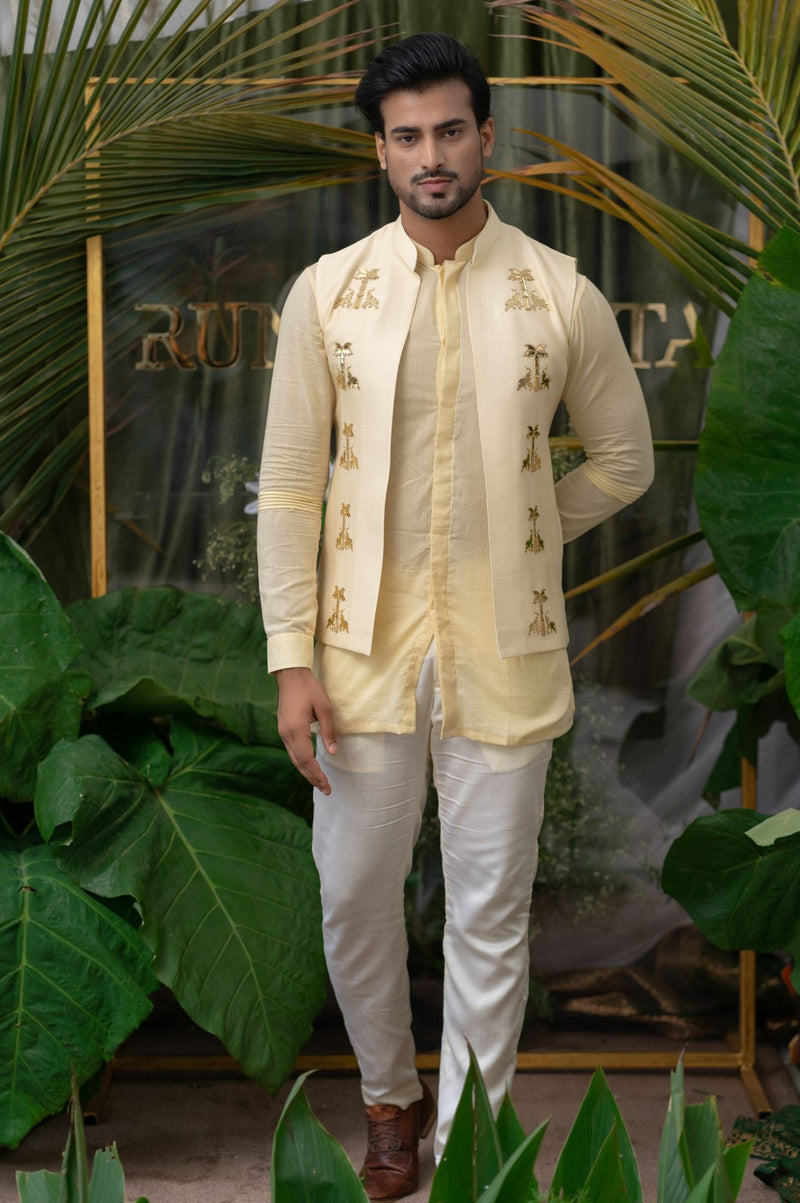 CREAM PALM ELEPHANT EMBROIDERED BUNDI