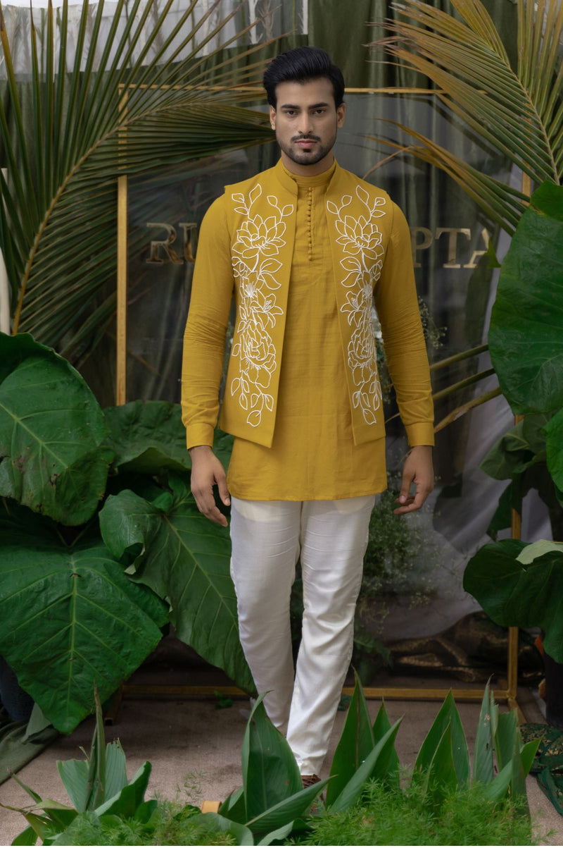 OCHRE FLORAL EMBROIDERED BUNDI