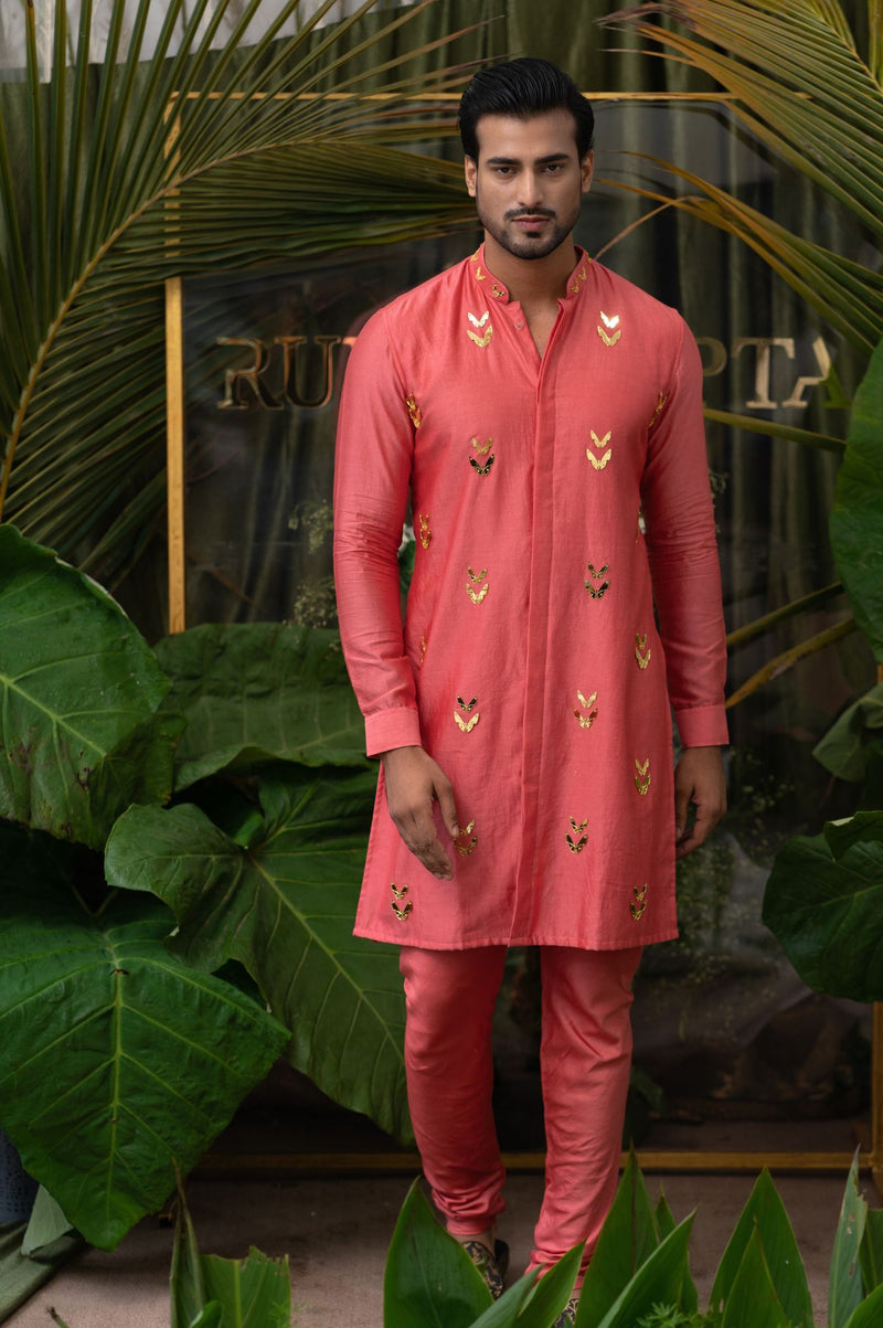 CARROT CORAL MOTH EMBROIDERED KURTA SET
