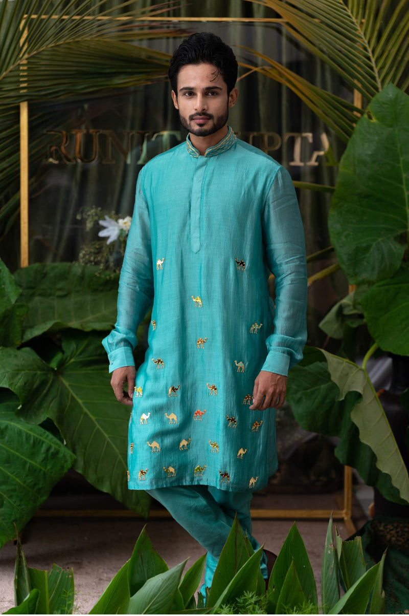 AIRY AQUA CAMEL EMBROIDERED KURTA SET