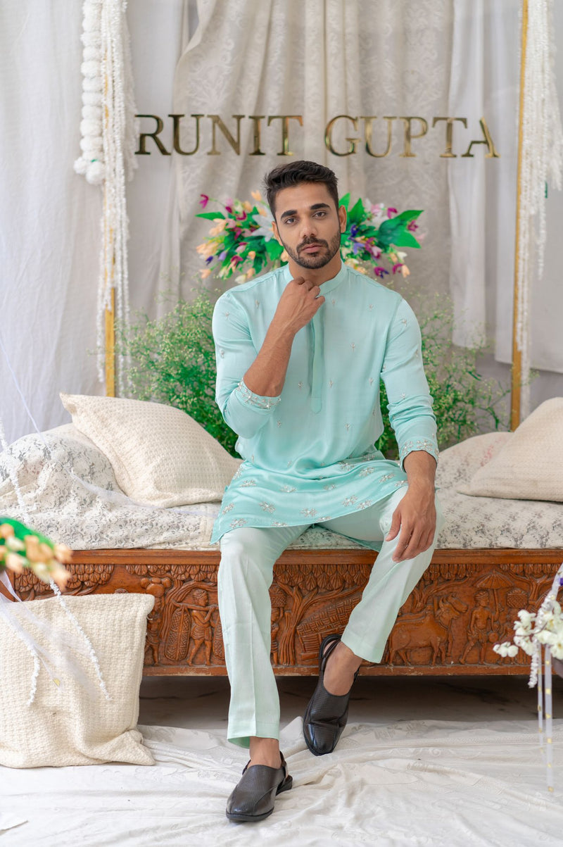 MOSS GREEN CUTPIPE EMBROIDERED KURTA SET