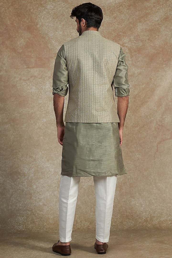 SAGE GREEN EMB KURTA JACKET SET