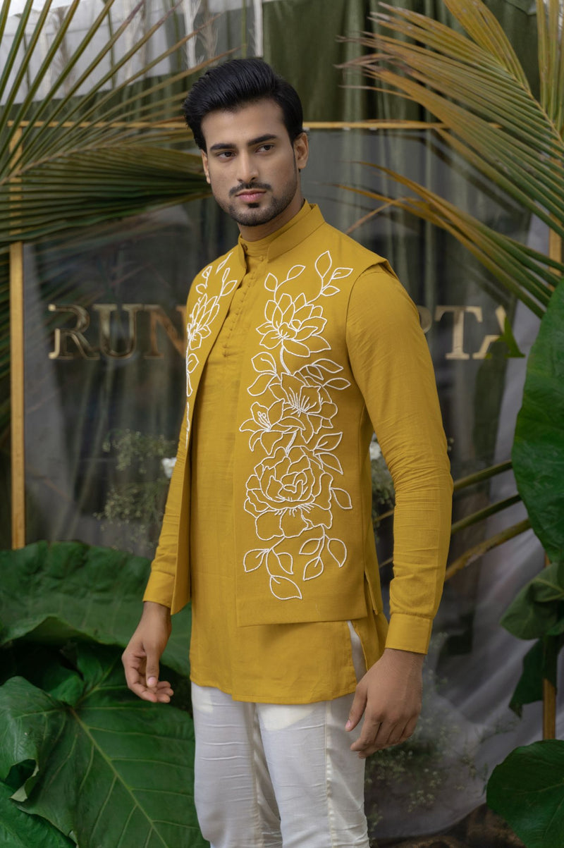 OCHRE FLORAL EMBROIDERED BUNDI