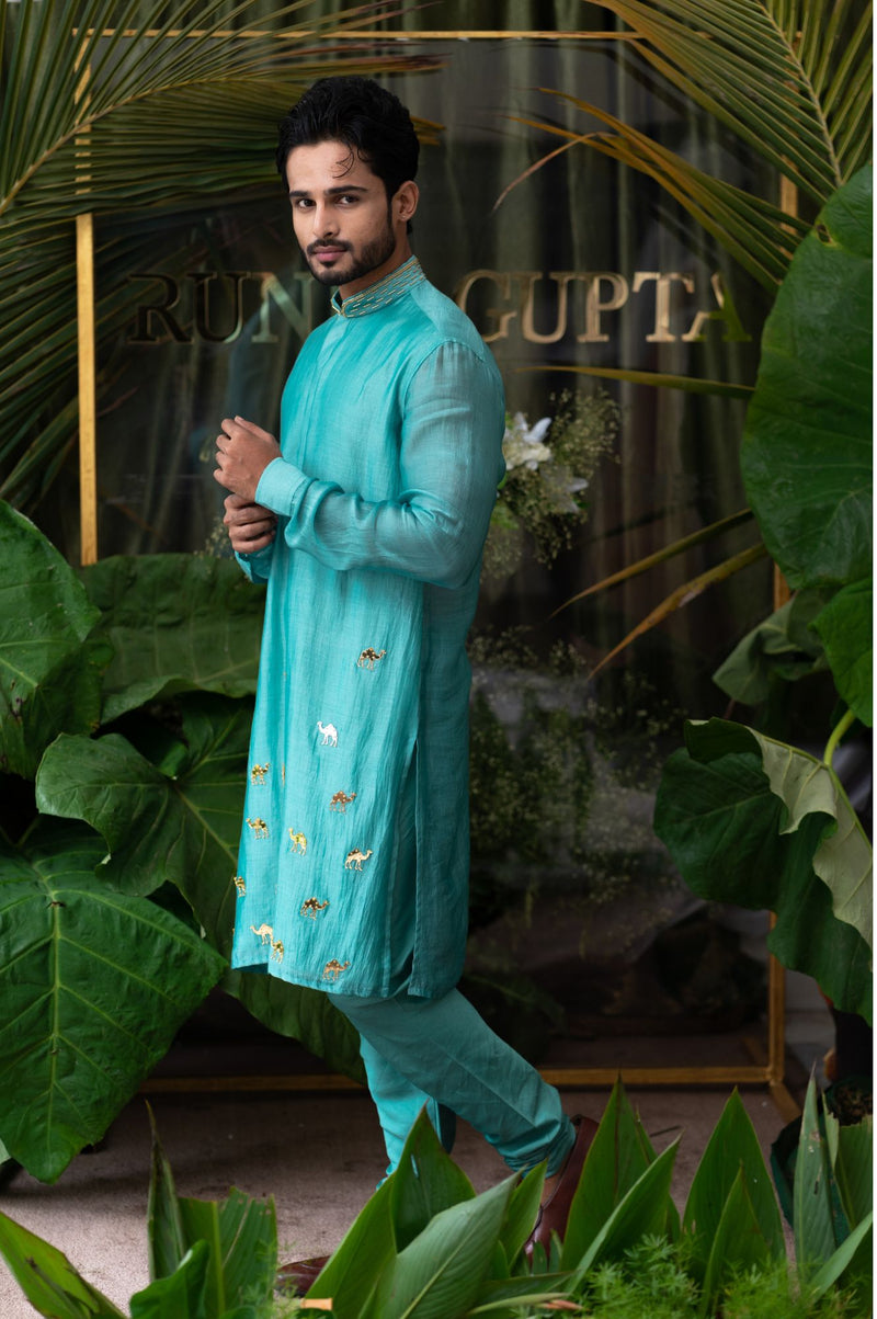 AIRY AQUA CAMEL EMBROIDERED KURTA SET