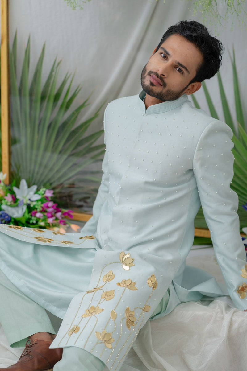 AAYAN LOTUS POWDER BLUE EMBROIDERED SHERWANI SET