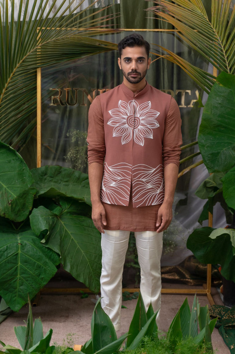 BROWN EMBROIDERED BUNDI