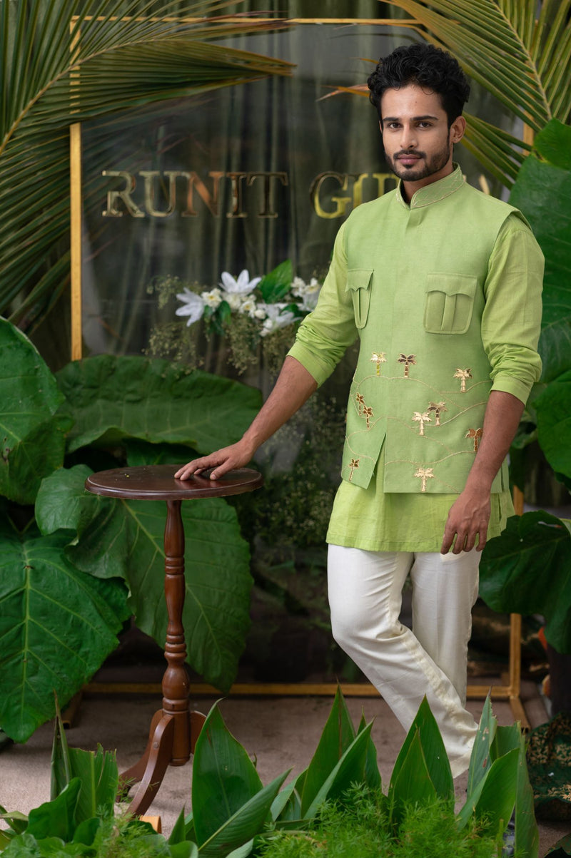 MOSS LIME PALM TREE EMBROIDERED BUNDI