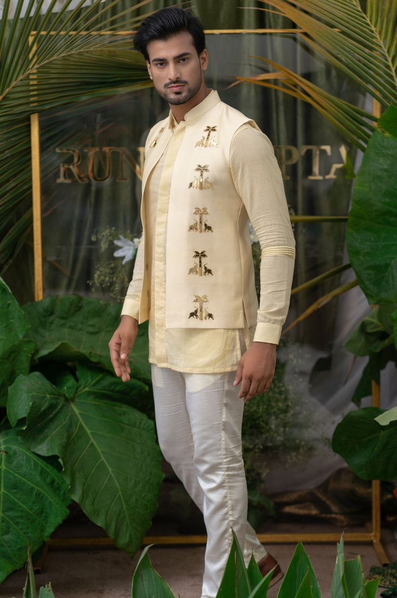 CREAM PALM ELEPHANT EMBROIDERED BUNDI