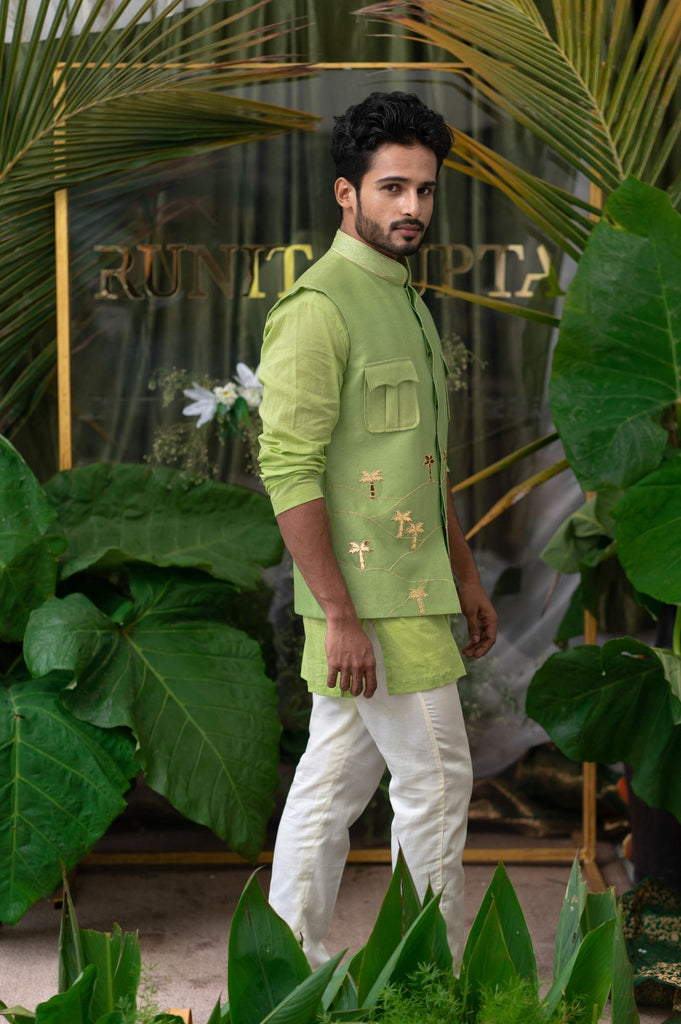 MOSS LIME PALM TREE EMBROIDERED BUNDI