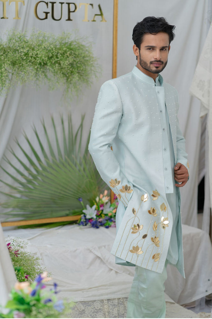 AAYAN LOTUS POWDER BLUE EMBROIDERED SHERWANI SET