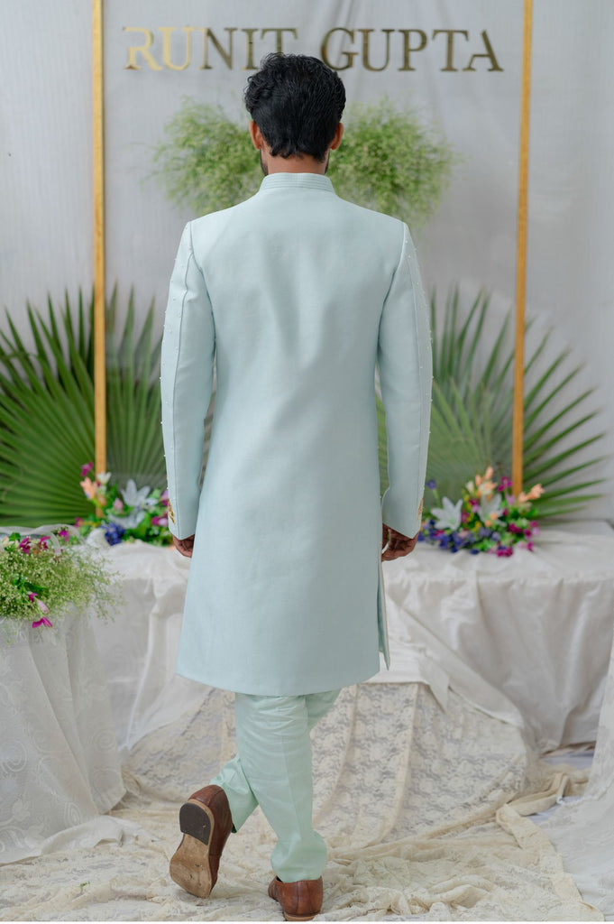 AAYAN LOTUS POWDER BLUE EMBROIDERED SHERWANI SET