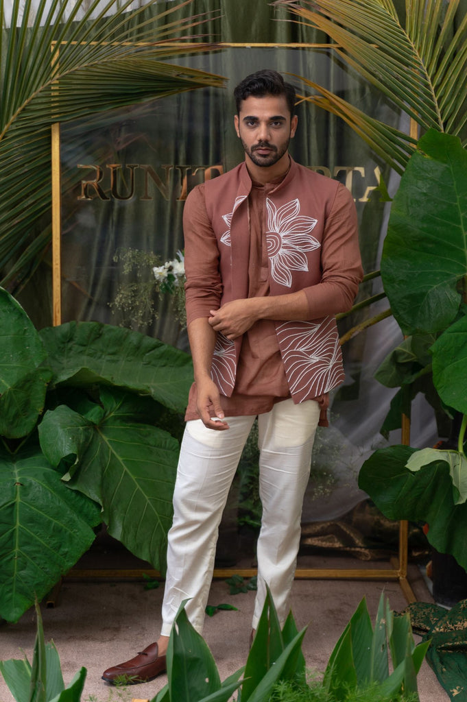 BROWN EMBROIDERED BUNDI