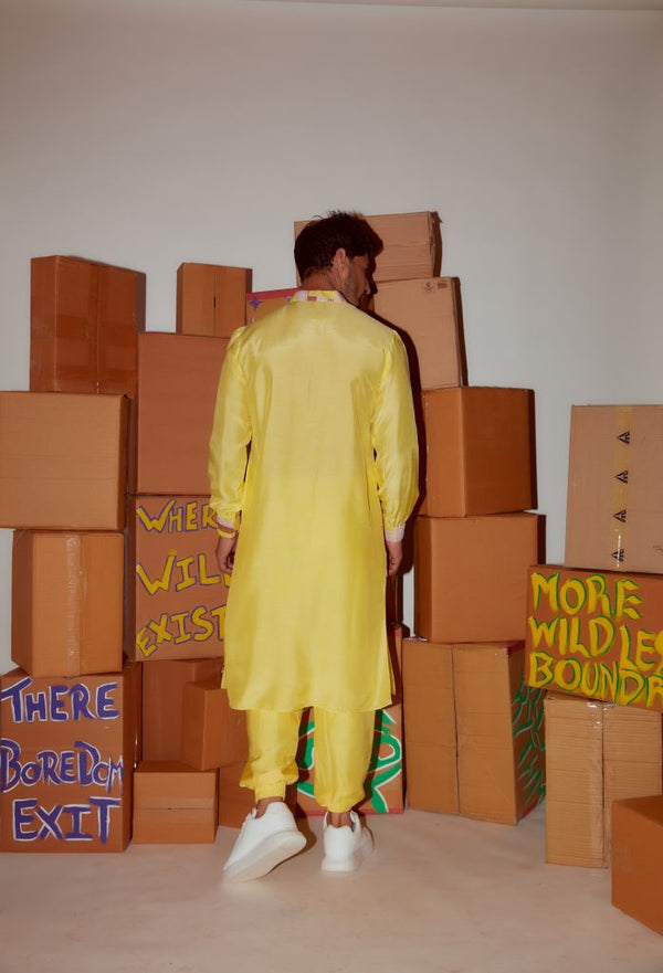 YELLOW KURTA WITH PRINTED CUFF DETAILING AND BOMBER PANTS
