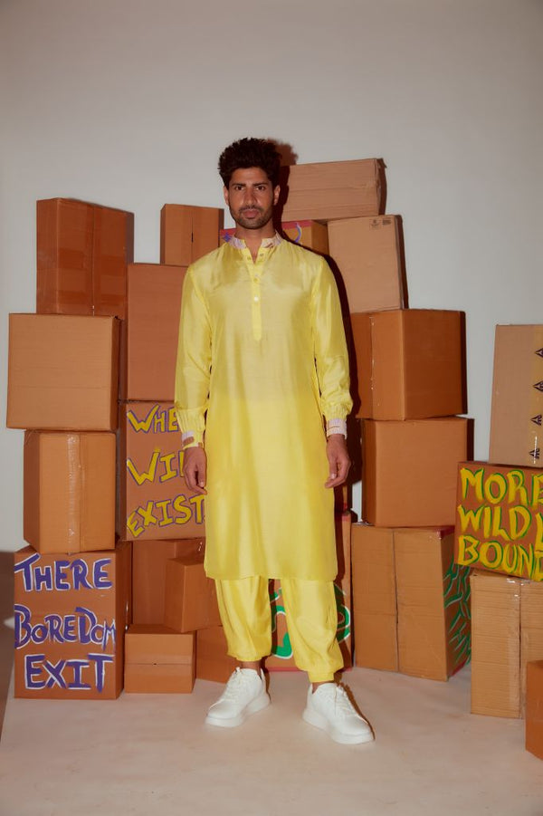 YELLOW KURTA WITH PRINTED CUFF DETAILING AND BOMBER PANTS