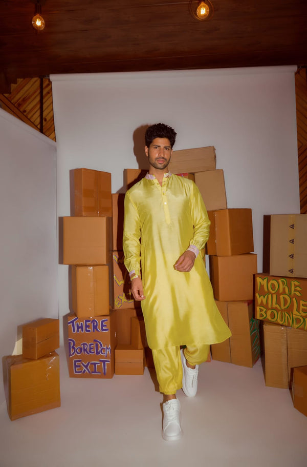 YELLOW KURTA WITH PRINTED CUFF DETAILING AND BOMBER PANTS