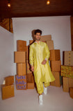 YELLOW KURTA WITH PRINTED CUFF DETAILING AND BOMBER PANTS