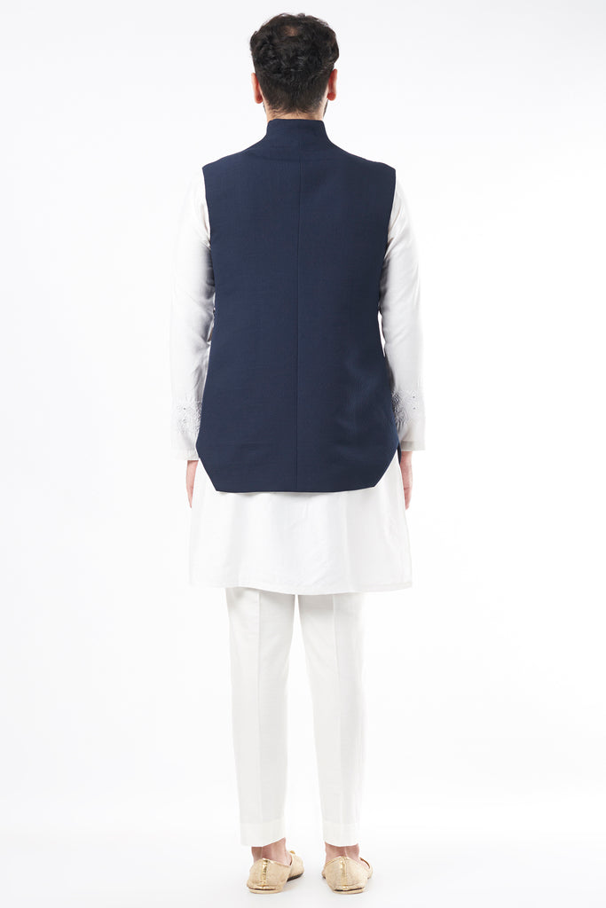 NAVY BLUE SELF TEXTURED NEHRU JACKET SET