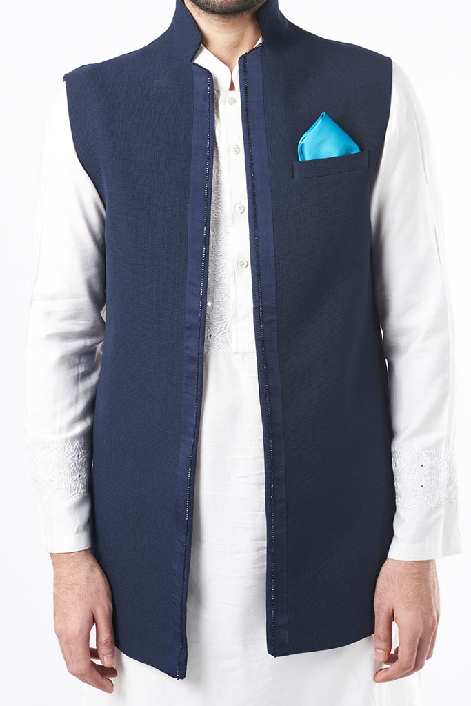 NAVY BLUE SELF TEXTURED NEHRU JACKET SET