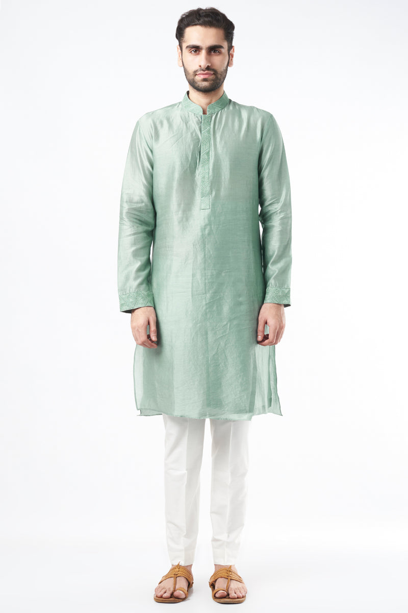 MINT GREEN SILK EMBROIDERED KURTA SET